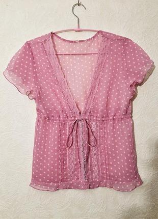 Домашняя блуза розовая белые горошки застёжка крючки шёлк шифон жатка женская