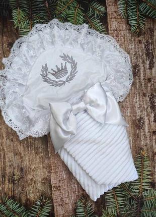 Нарядный зимний конверт одеяло с вышивкой на выписку, белый плюш/хлопок