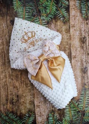 Детский зимний конверт с вышивкой на выписку, белый с бежевым, плюш/хлопок