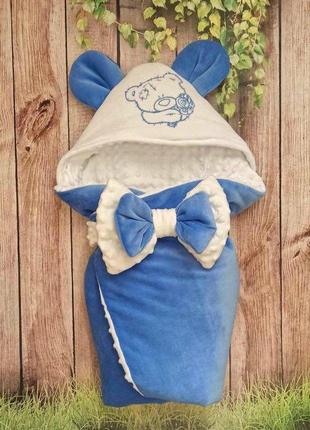 Теплый велюровый конверт "тедди" для новорожденных, голубой1 фото
