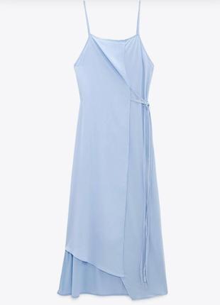 Асиметрична легенька сукня зара небесного кольору на зав'язках бретельках міді максі...