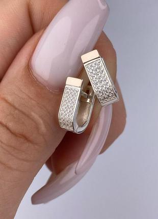 Срібні сережки з золотими накладками, 925, фіаніти, срібло