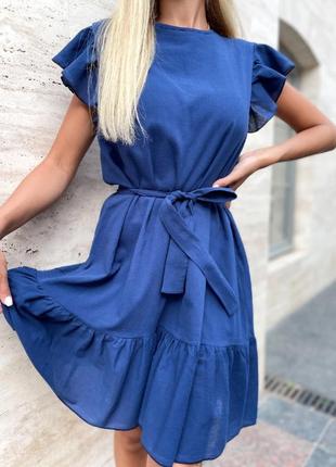 Платье женское летнее белое короткое мини синее с поясом легкое батал