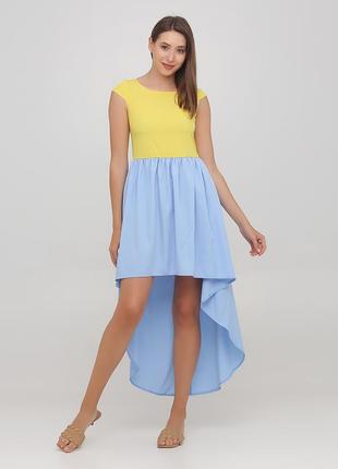 Асиметричне, ніжне, синьо-жовте жіноче плаття зі шлейфом (28838-yellow/lightblue)