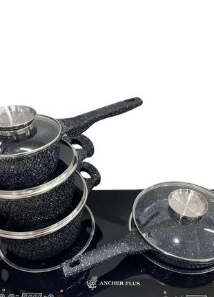 Набір каструль і сковорода з гранітним антипригарним покриттям higher kitchen hk-315 7 предметів чер1 фото