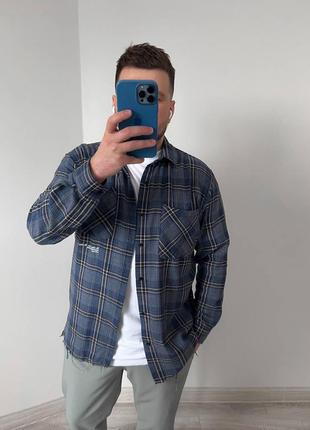 Стильная мужская хлопковая  рубашка в синем цвете топ качества3 фото