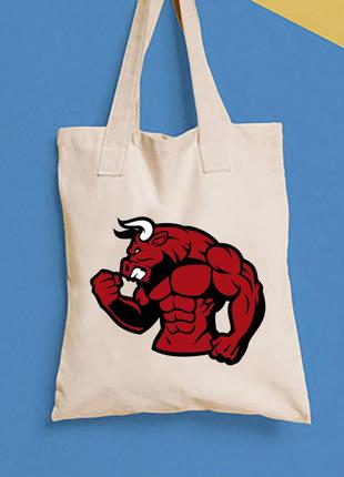Эко-сумка, шоппер, повседневная с принтом  "красный бык накачанный" push it