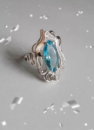 🫧 18 размер кольцо серебро с золотом фианит голубой1 фото