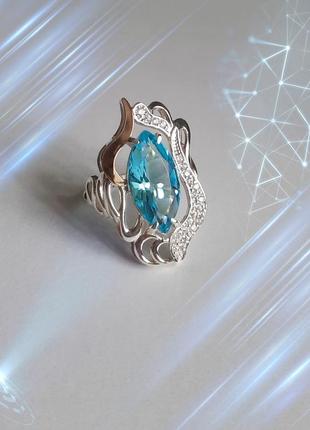 🫧 18 размер кольцо серебро с золотом фианит голубой2 фото