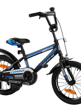 Двухколесный велосипед для мальчика corso max speed 16" от 4 до 6 лет черный с синим