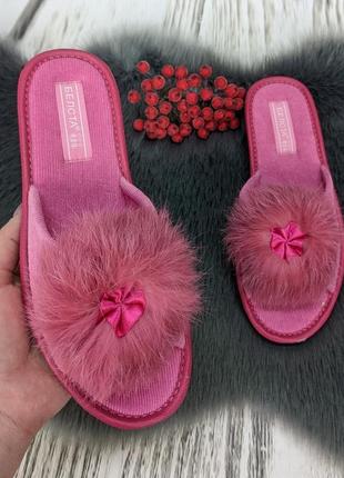 Тапочки женские белста розовые вельветовые с пушком открытый носок