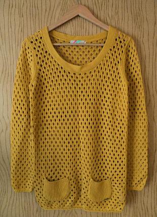 Джемпер в дырочку пуловер желтый длинным рукавом вязаный осенний весенний зимний