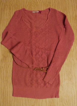 Новый джемпер поясом туника кофта свитер вязаный розовый лососевый кофточка хлопковый2 фото