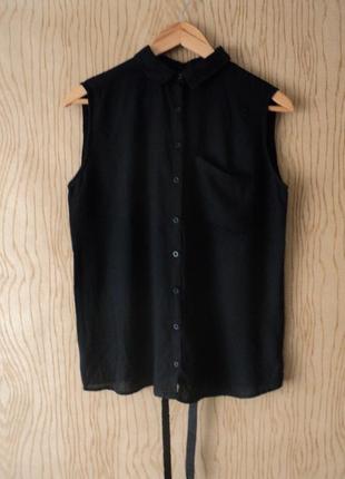 Новый топ черный рубашка без рукава блузка воротником карманом черная разрезами разрезом2 фото
