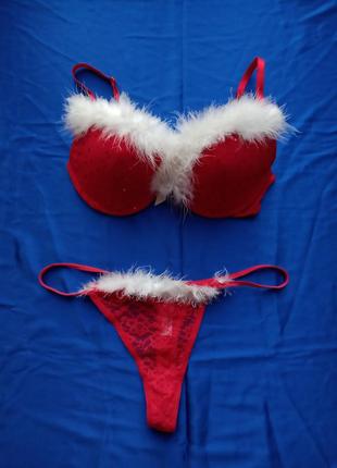 Комплект еротичної сексуальної білизни новорічний червоний з пухом для снігуроньки санти рольової костюм стрип секс мереживо2 фото