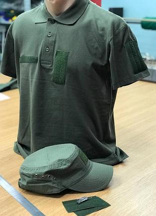 Футболка поло з коротким рукавом оливкова з нашивками для шевронів детальніше: https://polisuvenir.co