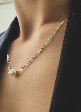 Подвеска белая жемчужина на якорной цепочке цепи под серебро