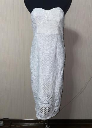Белое молочное платье миди кружево кроше вязанное