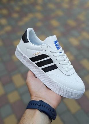 Женские летние кроссовки adidas samba белые с чёрным модные кожаные кроссовки адидас самба