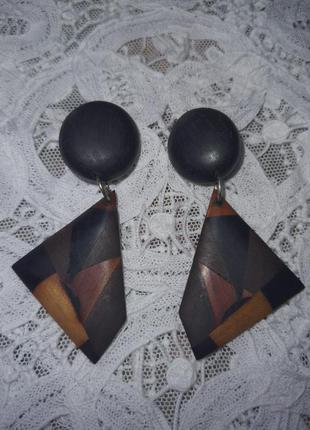 Винтаж серьги клипсы деревянные