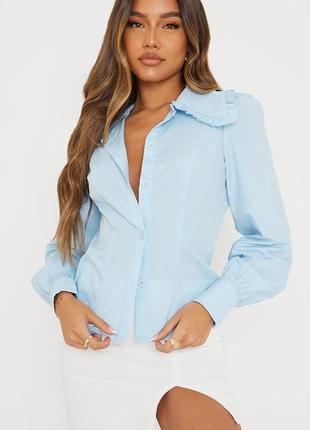 Стильная классическая рубашка блуза пышные рукава красивый широкий воротник голубая prettylittlething plt2 фото