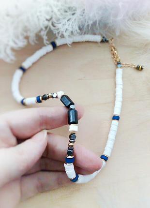 Чокер намисто турмалін камінь гематит чорний білий синій унісекс чоловічий жіночий на подарунок шию етно бохо