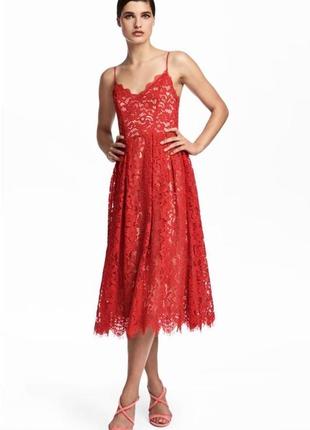 Красное вечернее платье миди кружевное платье праздничное платье