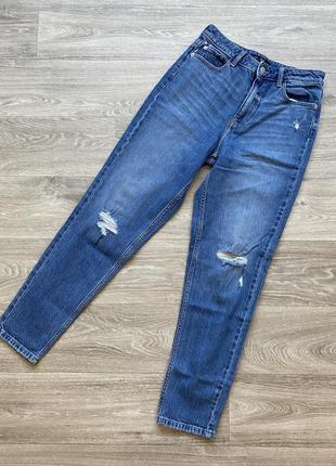 Щільні сині джинси з потертостями mom hight waist f&f 36/34 xs-s