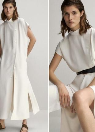 Белое длинное свободного кроя платье спереди с пуговицами из новой коллекции massimo dutti размер l