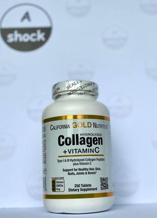 Колаген california gold nutrition hydrolyzed collagen peptides type 1 & 3 plus vitamin c (250 таб.)