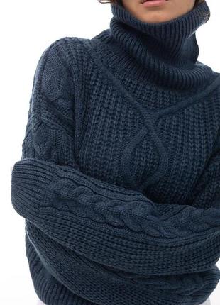 Женский вязаный укороченный свитер с ромбами синий серый2 фото