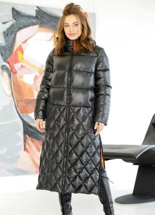 Мегастильний стьоганий довгий чорний пуховик пальто ковдра з капюшоном1 фото