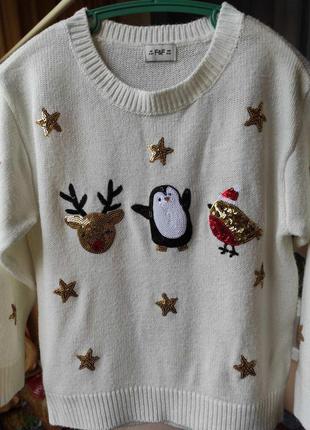 Свитер новогодний. свитер с оленями. белый свитер для девочки. новогодний свитер.