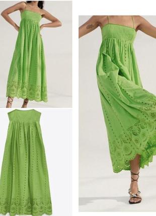 Зелёный сарафан на тонких бретелях,платье с прорезной вышивкой из новой коллекции zara размер s,xxl2 фото