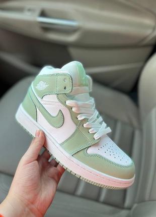 💚🌼💚женские кроссовки белые nike air jordan retro 1 high og green💚🌼💚кроссовки джорданы зелёные, высокие кроссовки джордан 1 зелёные, кросівки жіночі найк джордан зелені високі