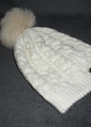 Тепла подвійна зимова шапка в складі кашемір помпон з натурального хутра зимняя вязаная шапка2 фото