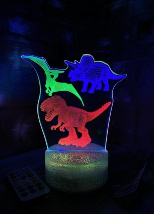 3d-лампа три динозаври (трицератопс, тиранозавр, птеродактиль) подарунок 3d світильник або нічник 3 кольори, пульт2 фото