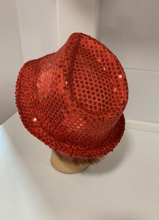 Шляпа диско пайетки красная3 фото