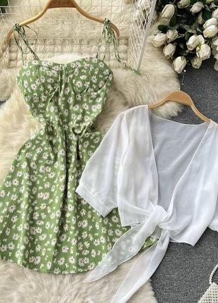 Милий комплект/ костюм з сукнею у квіточку💕сукня + блуза (накидка)6 фото