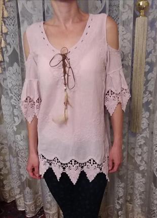 Шикарна трендова блуза мереживо 100% cotton рожевий nude італія