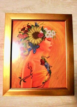 Картина дівчина весна квіти вишивка бісером ручна робота