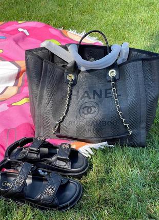 Сумка женская тканевая пляжная черная брендовая шоппер в стиле шанель chanel9 фото