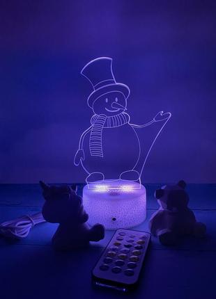 3d-лампа сніговик, зимовий подарунок, світильник або нічник, 7 кольорів та 4 режими, таймер та пульт2 фото