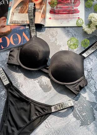 Чорний гладенький комплект білизни victoria’s secret з пуш-ап push ap ефектом. чёрный гладкий комплект белья3 фото
