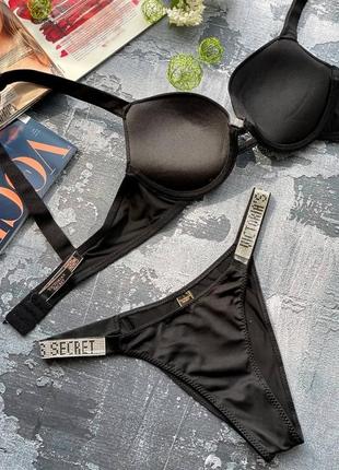 Чорний гладенький комплект білизни victoria’s secret з пуш-ап push ap ефектом. чёрный гладкий комплект белья5 фото