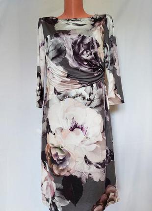 Серое платье-миди в крупный цветочный принт coast(размер 12-14)