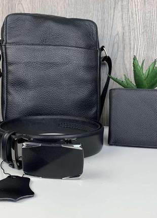 Мужская кожаная сумка барсетка + кожаный ремень + кошелек портмоне из натуральной кожи, подарочный набор 3 в 11 фото