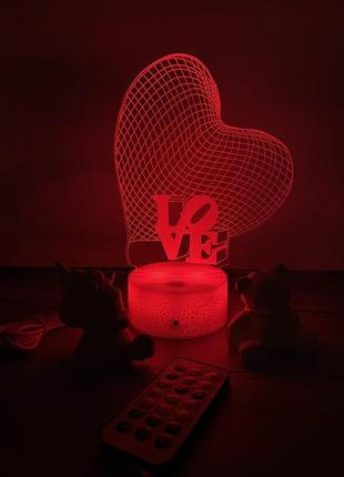 3d-лампа сердце с надписью love, подарок любимой, 3d светильник или ночник,7 цветов и 4 режима, таймер, пульт