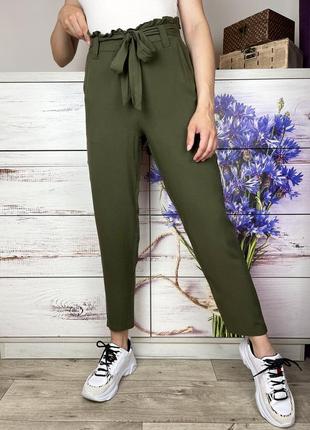 Легкие штаны хаки на высокой посадке из вискозы 1+1=3