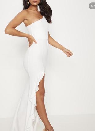 Біле довге плаття з розрізом на одне плече4 фото